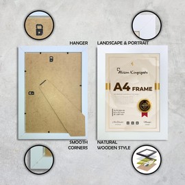 Alison Kingsgate Premium White A4 Frame in Size 29.7x21cm - A4 Frame White with Safe Perspex Sheet & Wall Mounted Hook - A4 White Picture Frames - A4 Certificate Frame (White)