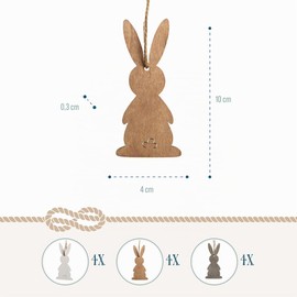 Logbuch-Verlag Wooden Easter Pendants, Set of 12: Easter Bunny Decoration for Hanging, Easter Decoration with String for Easter Shrub and Gifts, Timeless Easter Decoration, Easter Bunny Pendant for Home, 10 cm