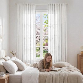 jinchan White Curtains Black Striped Curtains 63 Inch Length for Living Room Bedroom Window Treatment Modern Linen Look Ticking Stripe Pinstripe Privacy Light Filtering Back Tab Rod Pocket 2 Panels