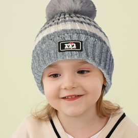 NLAND Kids Winter Warm Beanie Hat Scarf Gloves Set Children Knit Striped Pom Pom Beanie Hat 3Pcs Kids Hat Scarf and Snow Gloves Set for Boys Girls and Toddlers Aged 1-5(Gray,One Size)