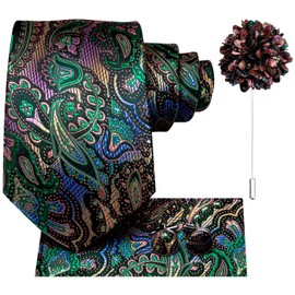 Dubulle Tie and Lapel Pin for Men Mens Paisley/Stripe/Floral Necktie Pocket Square Cufflinks Wedding Party,Multi Green Red