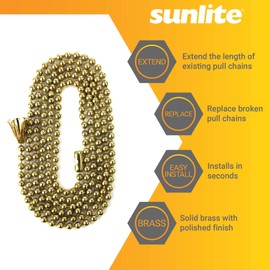 Sunlite 40827-SU Beaded 36-Inch Length, Brass, Matching Connector and Bell Included, Replacement or Extension For Pull Chains, Cut to Size, For Ceiling Fans, Floor Lamps, Shop Lights, And More, 6 Pack