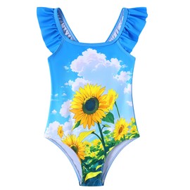 Ghteas - Traje de baño de una pieza con manga de volados, traje de baño para niñas, UPF 50+, traje de baño de playa de 2 a 10 años, Girasoles, 4-5T