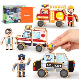 Wooden Emergency Vehicles Snap & Take-Apart STEM Toys for Kids Ages 3-6 | 41Pcs Building Blocks with Firetruck, Police Car & Ambulance | Montessori Fine Motor Skills Gift for Toddlers Boys Girls