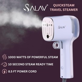 SALAV® Quicksteam Portable Travel Hand Held Garment Steamer for Clothes, 10 seconds Fast Heating Time, Removes Wrinkles on Clothes and Fabrics, No Drip Steam, Stainless Steel Plate