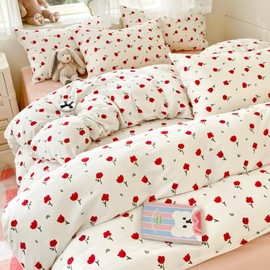 Michorinee Single Duvet Cover Set Red Roses Pattern Vintage Floral Bedding Set with Zipper Closure 110g/㎡ Soft Washed Microfibre Aesthetic Flower Quilt Cover with 1 Pillowcase 50x75 cm