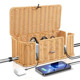 Socket Box, Rattan Handmade Cable Box, Cable Management Box, Under Desk Cable Organiser Box for Tangle Cables, Hiding Desk, Socket Box