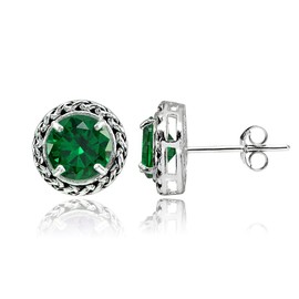 Sterling Silver Simulated Emerald Round Oxidized Rope Stud Earrings