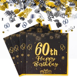 FUNCANDLE Happy 60th Birthday Black and Gold Napkins & Confetti - 20pcs Party Napkins & 30g Gold Black Confetti for Men Women 60th Birthday Decorations Party Table Supplies