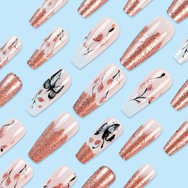 Coffin Press on Nails Medium Butterfly Fake Nails with Rose Gold Glitter Flowers Design French Tip False Nails Butterfly Glue on Nails Pink Glitter Flower Acrylic Stick on Nails for Women Girls 24Pcs
