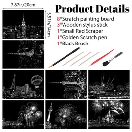 URROMA 8 Pieces Scratch Painting Postcard Set Rainbow Painting Scratch Off Doodle Paper Landscape Scratchboard Scratch Paper Art Kits with Tools