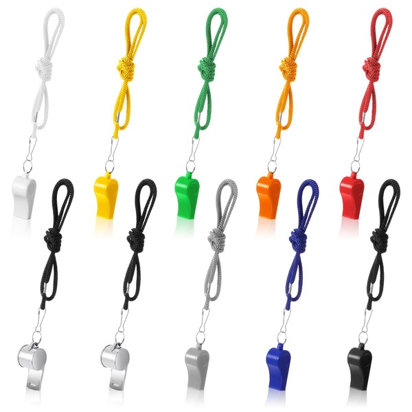 Hitchlike 10 Pack (9 Colors) Coach Referee Whistles Disaster Relief Neck Lanyard for Kids Teachers School Gym Camping Emergency Training Referee Equipment Lifeguard