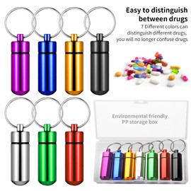 Small Portable Pill Case with Keychain(7 Pack), Waterproof Aluminum Pill Organizer Metal Mini Box Pocket Drug Storage Container Trip Plastic Storage Box