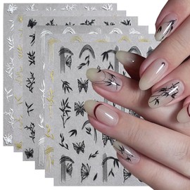 6 Sheets Fall Nail Stickers 3D Self-Adhesive Black Gold White Butterfly Leaf Design Cute Nail Art Stickers Autumn Nails Decals Acrylic DIY Manicure Decoration Supplies for Women