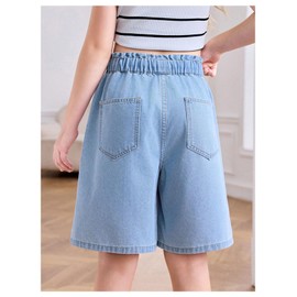 GORGLITTER Girl's Denim Jeans Shorts Baggy Bow Elastic High Waist Straight Wide Leg Shorts Light Wash 12 Years