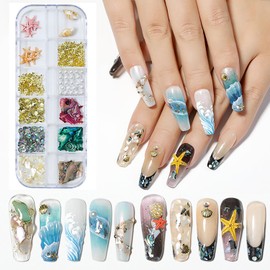 12 Grids Gold Metal Starfish Shell Nail Studs 3D Mix Conch Pearl Shell Nail Art Glitter Flakes Decorations Set Multiple Shapes Rivet Jewelry Accessories for Women Manicure Supplies DIY Crafts Sequins