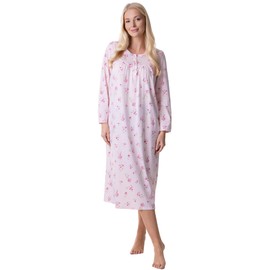 Camille Long-Sleeved 100% Cotton Nighties for Women – Soft Floral Print Nightdress with Button Fastening – Elegant Round Neck Ladies Nightwear 14-16 Pink