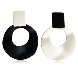 Unique Minimalist 70s 80s Vintage Metal Black White Round Circle Dangle Drop Earrings Elegant Chic Dainty Geometry Stud Earring for Women Statement Jewelry Gifts (Black White)