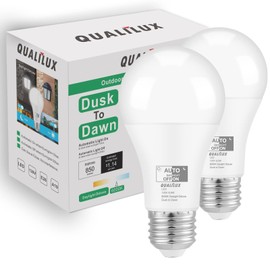 Qualilux Dusk to Dawn Light Bulbs Outdoor 850 Lumen, 60W Equivalent, Daylight Deluxe 6000K, LED 9.5W, A19, E26 Base, 2-Pack, HQ-H002