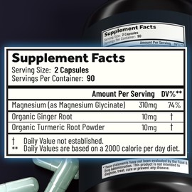Magnesium Glycinate Capsules with Organic Turmeric and Ginger - 180 Vegan Capsules for Sleep, Relaxation, Muscle Cramps and Immune Support