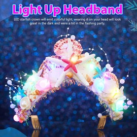 DRESBE Light Up Starfish Seashell Crown LED Mermaid Tiara Headband Summer Beach Hair Accessories for Women