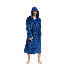 FashGudim Mens Hooded Robe Plush Shawl Collar Kimono Bathrobe Soft Warm Flannel Fleece Spa Robes House Coat Pajamas Calf Length with Pockets (Navy,5XL)