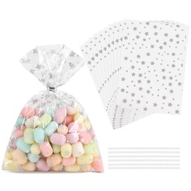 LEOSINDA 100Pcs Cellophane Treat Bags,4 X 6 Inches Silver Star Printed Clear Cellophane Bags,100 Twist Ties,for Gift Wrapping,Packaging Candies,Dessert,Bakery, Cookies, Chocolate,Party Favor (Silver)