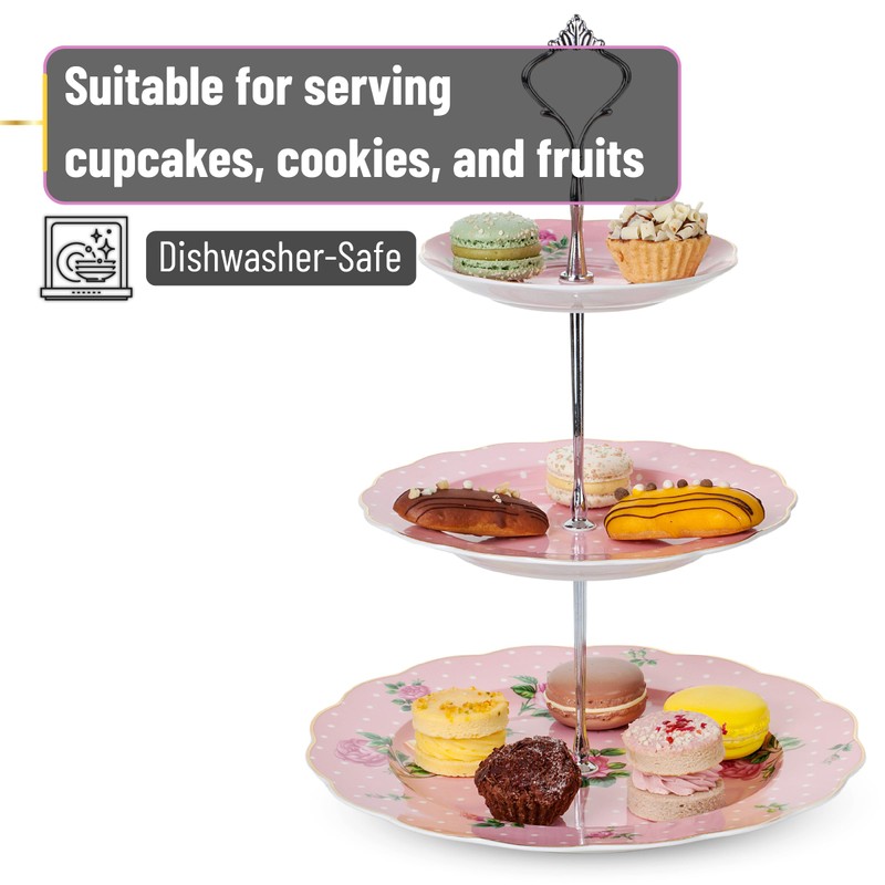 BTaT- Floral 3 Tier Cake Stand, Porcelain, Pastel Pink with