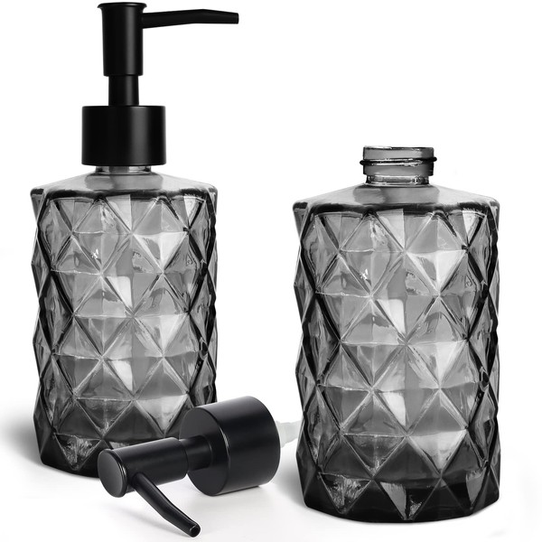 2 Pack Glass Soap Dispensers, 330 ML/12Oz Pump Bottle Dispenser, Refillable Hand Soap Dispenser Bottle for Kitchen, Bathroom, Laundry Room (2 PCS Black)