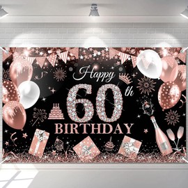 Avezano - Banner de feliz cumpleaños 60 para mujer, globo con purpurina en oro rosa y negro con purpurina de 60 cumpleaños, telón de fondo para fiesta de cumpleaños de 60 años, suministros para
