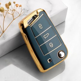 Juttzzei Vw Car Key Cover for Golf 7 Ateca Arona MK6 MK7 Polo Jetta Fabia Tiguan Touran Toledo Skoda Seat Leon Ibiza Octavia Key Fob Cover, Soft TPU Vw Polo Key Cover-3 Bottons(Blue-gray)