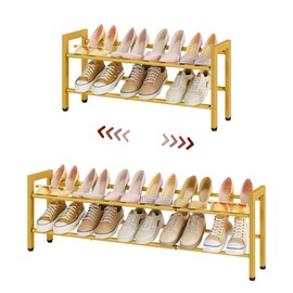 FAVOOSTY 2-Tier Expandable Shoe Rack, Adjustable Shoe Shelf Storage Organizer Space Saving Metal Free Standing Shoe Rack for Entryway Closet Doorway, Gold