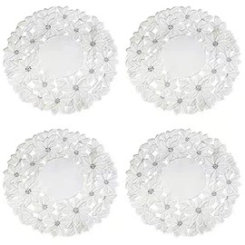 Set of 4,Holiday White Embroidered Christmas Flower Placemats for Wedding Home Dinner Christmas Table Top Decorations,Round14inch（36cm）