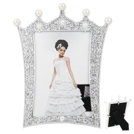 Zerodeko Pearl Crown Photo Frame Wedding Picture Display Family Photo Frame Household Office Decor Creative Ornament High Transparency Glass Photoframe Metal White