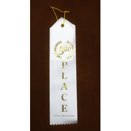 3rd Place (White & Gold) Award Ribbons with a Card & String (24 Pack) 