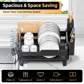 Urackify Dish Drying Rack for Kitchen Counter, Countertop Dish Rack with Drainboard, Multifunctional Dish Drainer with Cups Holder & Cutting Board, Home Plate Storage Rack with Cutlery Holder, Black