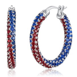 CiNily 4th of July Hoop Earrings for Women Hypoallergenic,14K Gold Plated 925 Sterling Silver Post Earrings Lightweight Red Blue Crystal Cubic Zirconia Chunky Open Hoops Christmas Jewelry 1.2"
