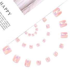 Handcess Glitter False Toe Nails Pink Press on Toe Nail Glossy Fake Toenails Full Cover Acrylic Toe Nail Art Tips for Women and Girls 24Pcs