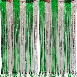 CYBERNOVA Pack of 2 Fringe Curtain Background, 1 m x 2 m Metallic Tinsel Foil Fringe Streamers Curtains Background for Wedding Birthday Anniversary Graduation Party Decoration (Green + Silver)