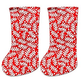 By Robelli 2pc Large Fun Festive Fabric Felt Red And White Stocking Sacks (60cm Mistletoe Holly Repeat Pattern) (2x Mistletoe Holly Repeat Pattern)