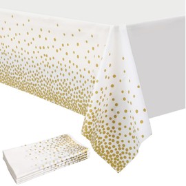 4 Pack Disposable Plastic Tablecloths, 54" x 108" Plastic Rectangle Whitegold Dot Tablecloths for Indoor or Outdoor Tables Parties Christmas Picnic Birthdays and Weddings