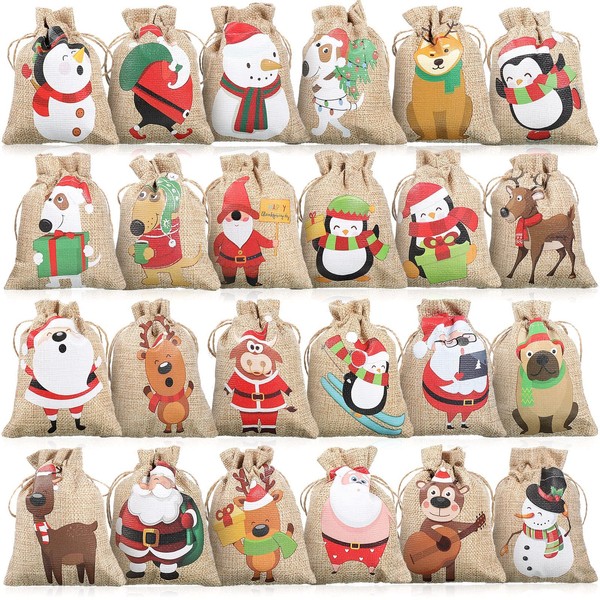 24 Pieces Christmas Burlap Bags Goodie Treat Bags with Drawstrings Xmas Burlap Wrapping Bags Vintage Party Favors Bags Stocking Storage Bags for Christmas Wedding Party Supplies, 24 Designs