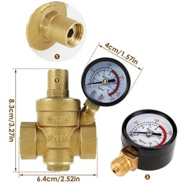 Jiavlyx Pressure Regulator Water 1/2 Inch DN15 with Pressure Gauge, Adjustable Water Pressure Regulator, 1.6 PMA Water Pressure Reducing Valve, Made of High Hardness Brass, Pressure Regulator Made of