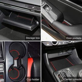 SENSHINE for Honda Civic Accessories 2022 2023 2024 2025 2026 11th Gen Sedan Cup Holder Insert Center Console Liner Door Slot Mats Pad Coaster Trim Premium Rubber Custom Interior 17PC Set (Red Trim)