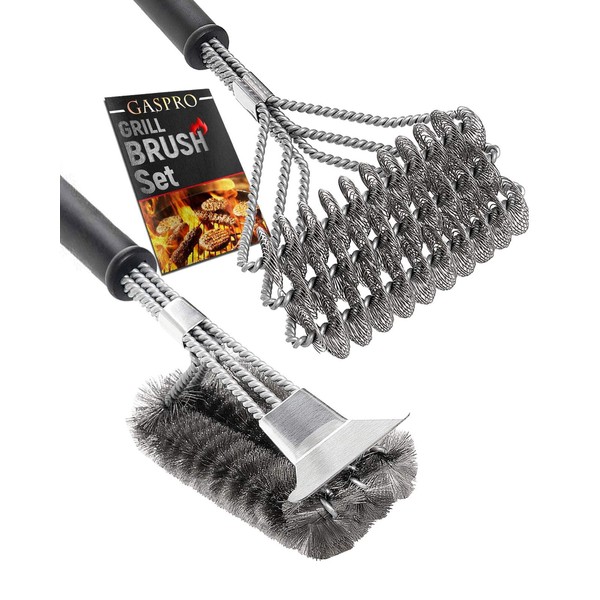 GASPRO BBQ Grill Brush Set of 2, Safe Grill Cleaning Brush Stainless Steel Bristle Free with Scraper Cast Iron, Stainless Steel, Grill Grate Cooking Grid, 18" Grill Tools Accessories