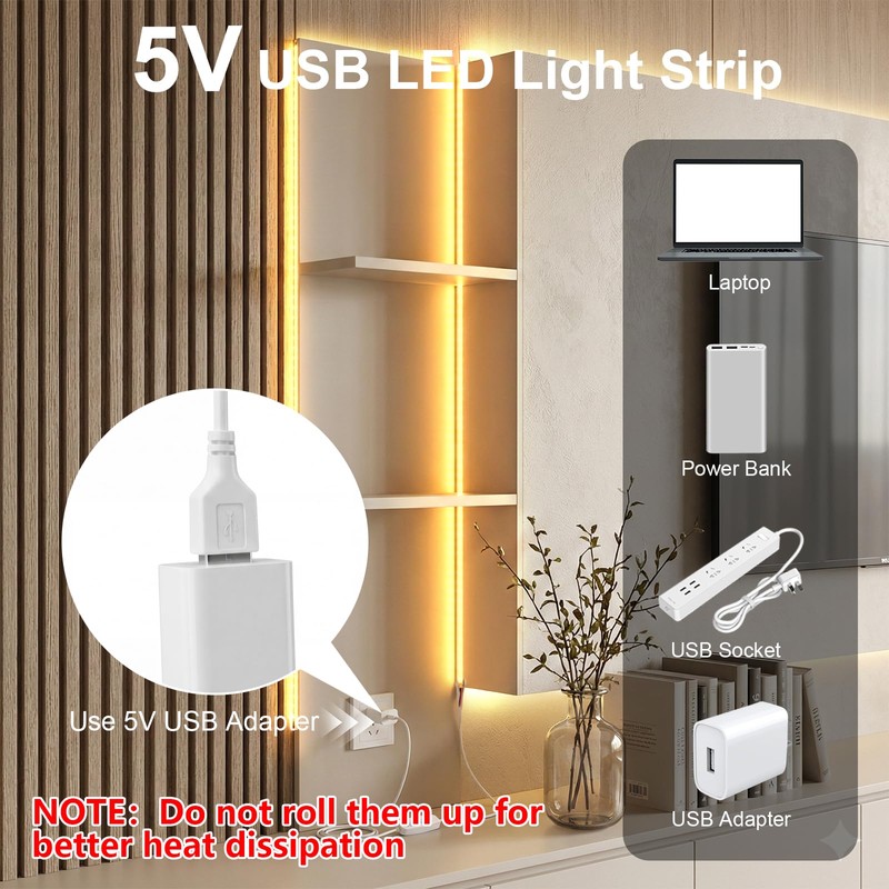 ShineBurky COB LED Strip Light 5V, 2m 608 LEDs/M Dimmable