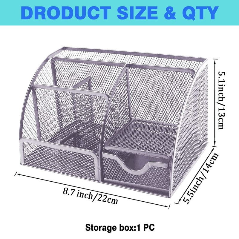 Desk Organiser, Mesh Metal Office Shelf with Pen Holders &