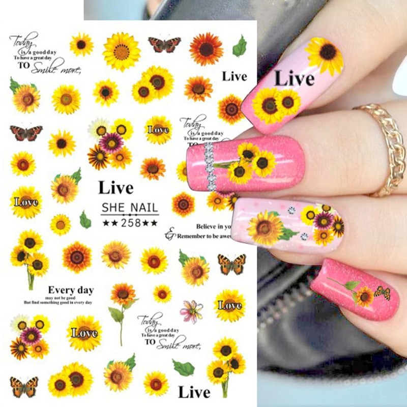 Sunflowers Nail Art Stickers Decals 3D Self-Adhesive Spring Summer Nail