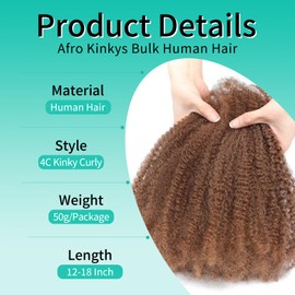 Humistwbiu Afro Kinkys Bulk Human Hair for Dreadlocks Extensions Repair Locs/Twists/Braids 12 Inch 4C Afro Kinky Curly Human Hair 1 Pack 50 Gram 30#