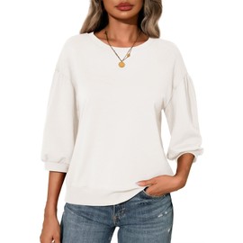 Fisoew Womens Crewneck Sweatshirts Casual Puff Sleeve Loose Fit Shirts Fall Tops White